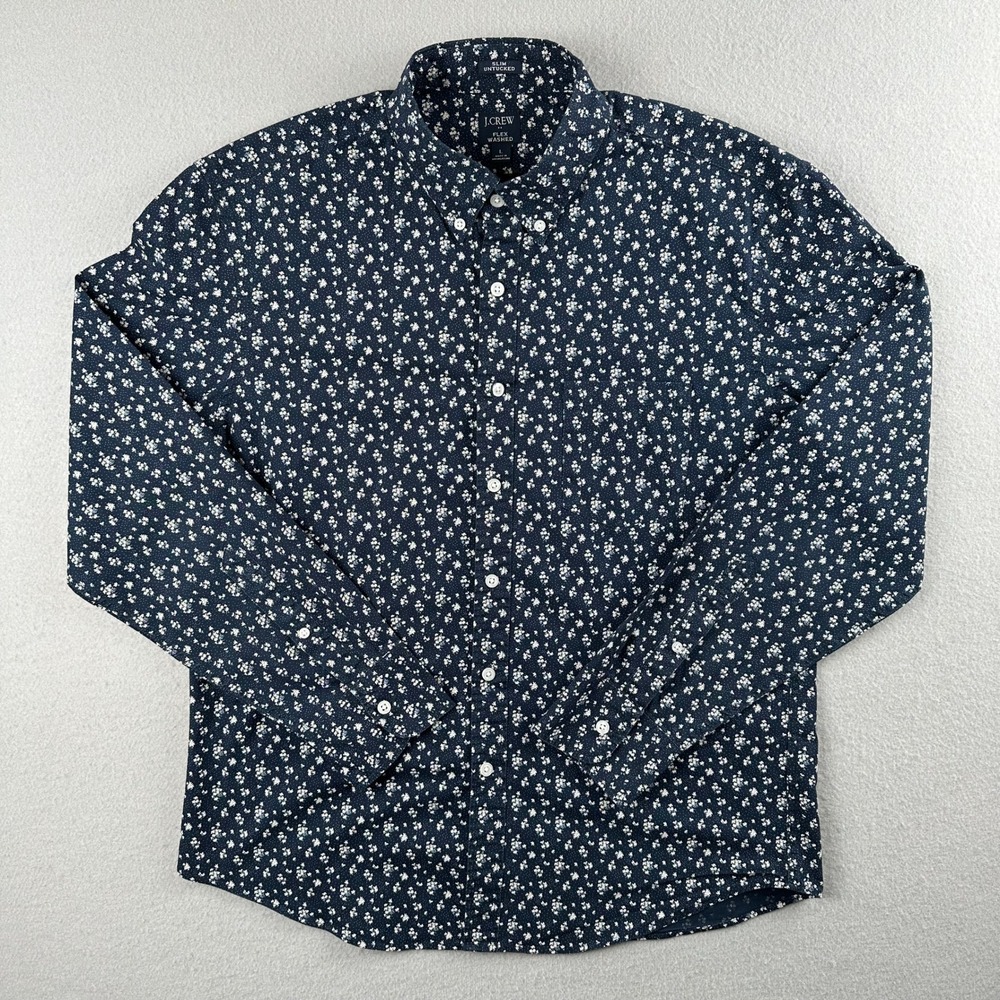 J.Crew Flex Washed Shirt Mens L Navy Blue Floral Slim Untucked BE212 Stretch - Picture 3 of 9